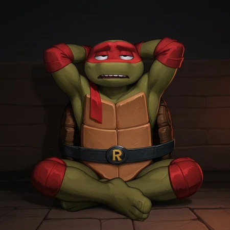 masterpiece, best quality, amazing quality,
(((Raph, Red mask, missing tooth))), Raph,Tmnt, MutantMayhem, Green skin, turtle, Male, Male only, broad shoulders, 1 boy, (((bandana mask))), looking at viewer, arms up, muscle, lips, hands behind head, half closed eyes, not happy, looking away , Full body, sitting, looking up