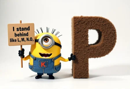 a minion with the letter "K" in his denim holding a sign that says "I stand behind P like L, M, N O" standing next to a minion shaped like the letter "P"