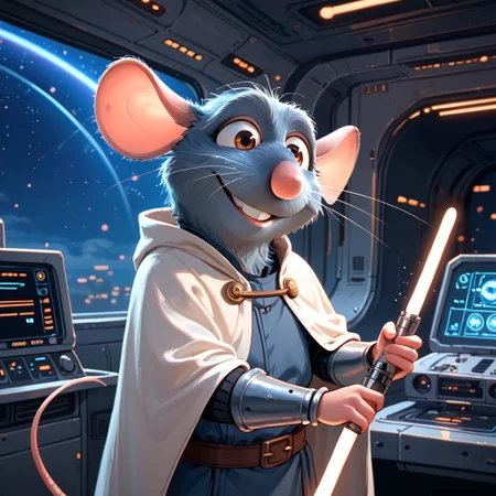 (score_9, score_8_up, score_7_up, score_6_up) Remmyrt, mouse, armor, jedi tunic, white cloak, smug, grin, holding, lightsaber, science fiction, spacecraft interior, viewport, starry sky