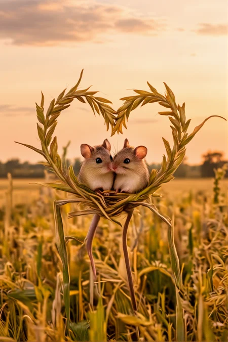 In a vast golden wheat field, where the horizon stretches endlessly beneath a cotton-candy sunset, two tiny field mice sit nestled within the cradle of a heart-shaped stalk of wheat. Their soft fur catches the last light of day, creating an ethereal romantic glow around them. A gentle summer breeze whispers through the fields, carrying the scent of wildflowers and warmth, as the sublime natural beauty of the moment turns their tiny, fragile world into a masterpiece of love and serenity.
<lora:ethereal-romantic-glow-flux:1> <lora:paws-and-hearts-flux:1>