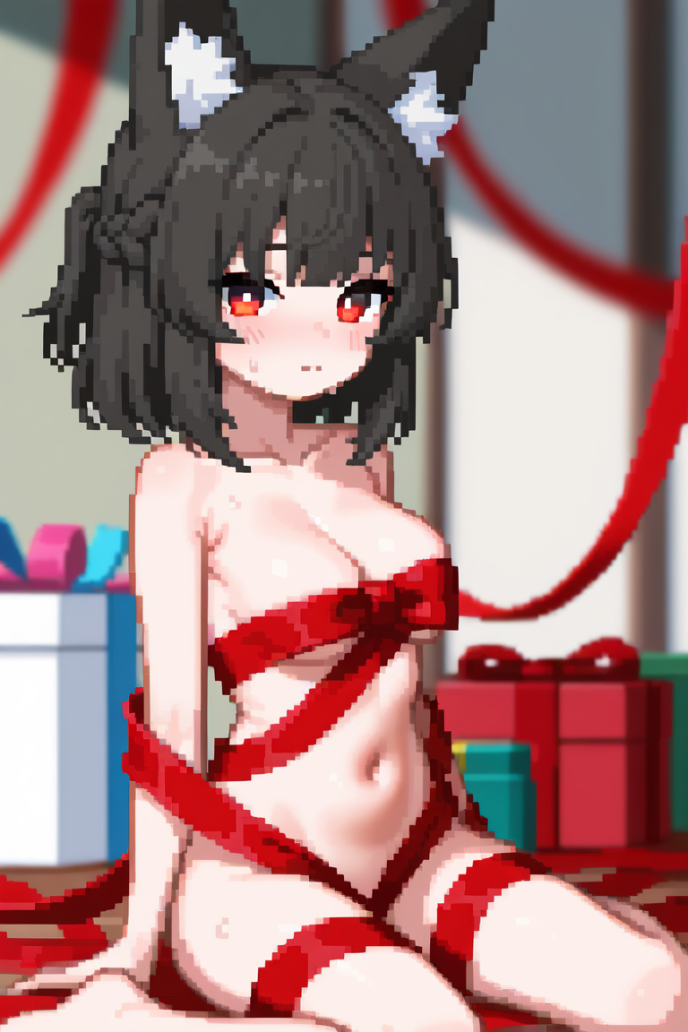 bright pupils,1girl, animal ear fluff, animal ears, armpit crease, barefoot, black hair, blurry, blurry background, blush, box, breasts, bright pupils, chromatic aberration, closed mouth, collarbone, fox ears, fox girl, from side, gift, gift box, half up braid, indoors, looking at viewer, medium breasts, naked ribbon, navel, nude, red eyes, red ribbon, ribbon, sitting, solo, stomach, sweat, wariza, white pupils