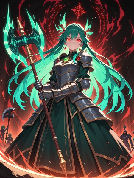 1girl, adult, illustration, solo focus, looking at viewer, movie cut, female focus, dynamic angle, hair accessory,multiple colored hair, green hair, long hair, red eyes, elegant, two handed, axe weapon, (holding battle axe), weapon master, glowing eyes, pose, GlowingRunes_red, rune aura, goddess, god, mythical, armored dress, rune effect, (aura), alternate costume, accessory, rainbow brooch, earrings, detailed body, detailed eyes,
,masterpiece,best quality,amazing quality,