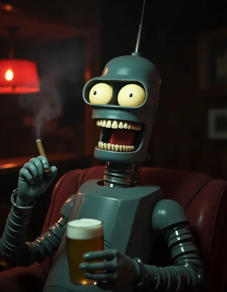 In a dimly lit, smoke-filled bar, Bender lounges with a cigar in one hand and a beer in the other. When he laughs, his mouth opens wide, exposing ral-rbotth. The teeth, slightly yellowed and uneven, add an unexpected and unsettling realism to his otherwise cartoonish, metallic face. The sight of human-like teeth within Benderâs grinning jaw creates a jarring and eerie effect.
<lora:ral-rbotth-flux_000003000:1>