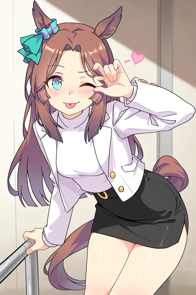 masterpiece, best quality, amazing quality,
<lora:Lango_IL:1> lango, 1girl, solo, animal ears, horse ears, one eye closed, tongue, tongue out, horse tail, tail, blue eyes, horse girl, skirt, black skirt, looking at viewer, jacket, ;p, white jacket