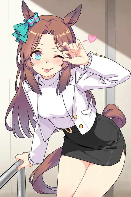 masterpiece, best quality, amazing quality,
<lora:Lango_IL:1> lango, 1girl, solo, animal ears, horse ears, one eye closed, tongue, tongue out, horse tail, tail, blue eyes, horse girl, skirt, black skirt, looking at viewer, jacket, ;p, white jacket