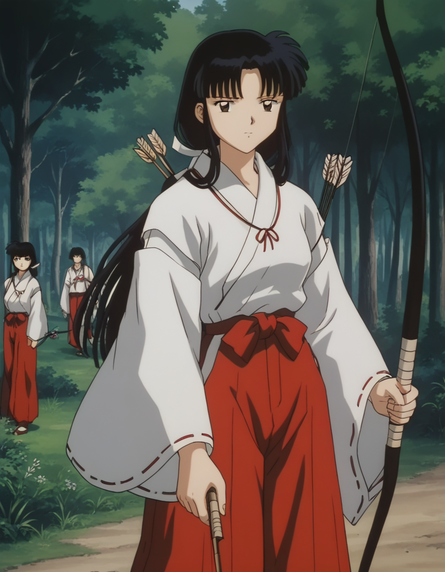score_9, score_8_up, score_7_up, source_anime,
inuyashakikyou, <lora:inuyasha-kikyou-ponyxl-lora-nochekaiser:1>,
kikyou, long hair, black hair, brown eyes, sidelocks, himecut, retro artstyle,
skirt, long sleeves, japanese clothes, hakama, hakama skirt, miko, red hakama,
outdoors, forest, nature, holding, weapon, holding weapon, bow \(weapon\), arrow \(projectile\), holding bow \(weapon\), aiming, holding arrow, drawing bow, archery,
looking at viewer,