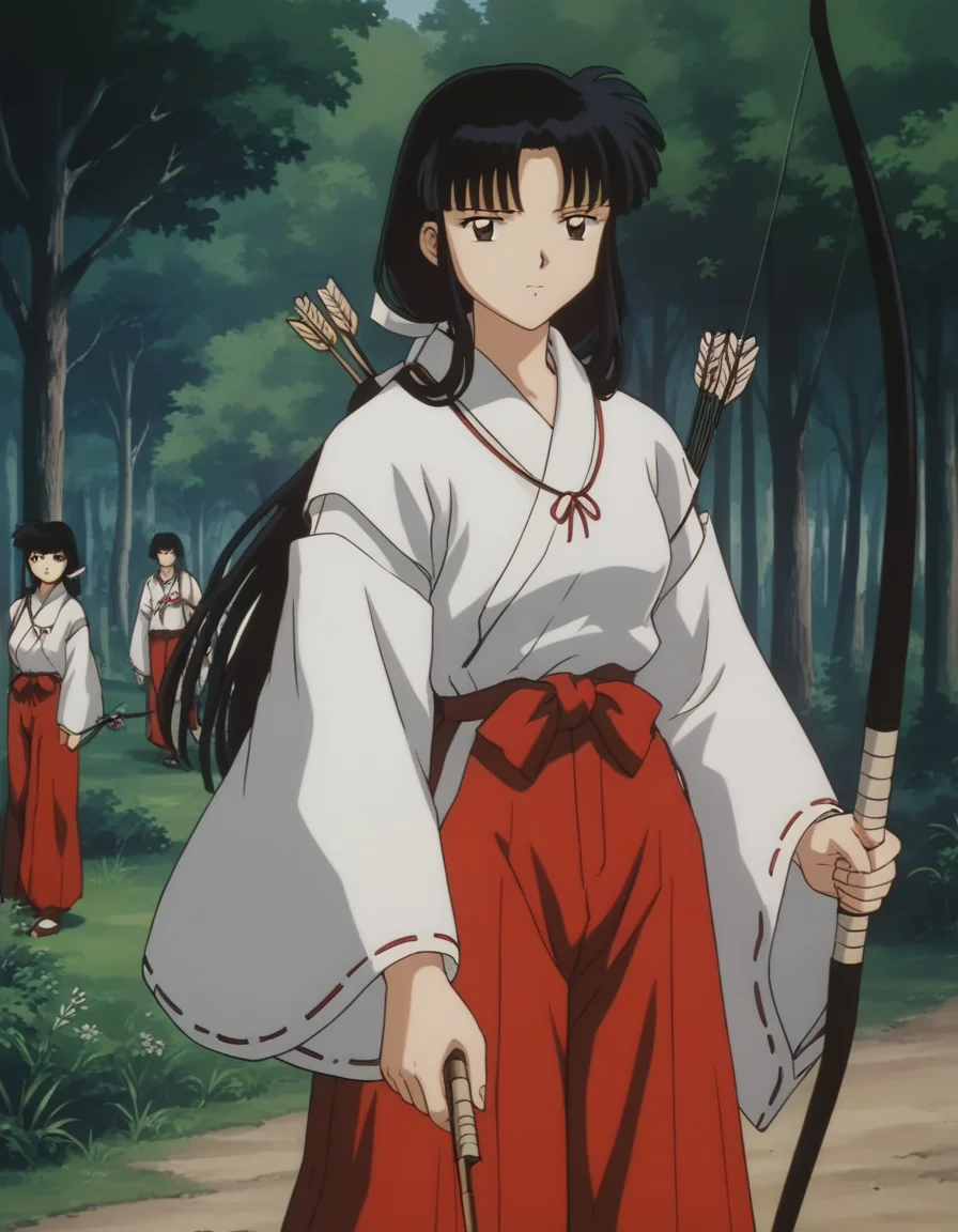 score_9, score_8_up, score_7_up, source_anime,
inuyashakikyou, <lora:inuyasha-kikyou-ponyxl-lora-nochekaiser:1>,
kikyou, long hair, black hair, brown eyes, sidelocks, himecut, retro artstyle,
skirt, long sleeves, japanese clothes, hakama, hakama skirt, miko, red hakama,
outdoors, forest, nature, holding, weapon, holding weapon, bow \(weapon\), arrow \(projectile\), holding bow \(weapon\), aiming, holding arrow, drawing bow, archery,
looking at viewer,