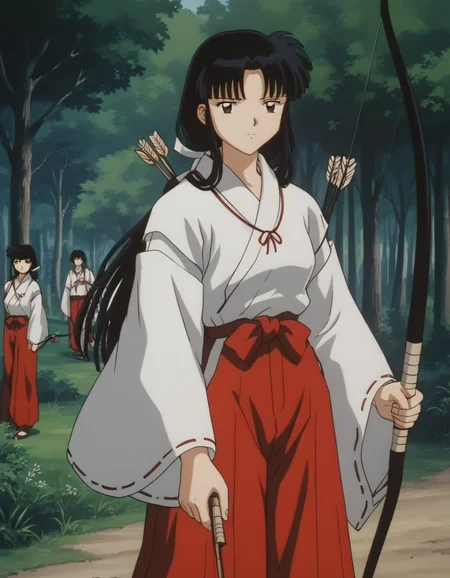 score_9, score_8_up, score_7_up, source_anime,
inuyashakikyou, <lora:inuyasha-kikyou-ponyxl-lora-nochekaiser:1>,
kikyou, long hair, black hair, brown eyes, sidelocks, himecut, retro artstyle,
skirt, long sleeves, japanese clothes, hakama, hakama skirt, miko, red hakama,
outdoors, forest, nature, holding, weapon, holding weapon, bow \(weapon\), arrow \(projectile\), holding bow \(weapon\), aiming, holding arrow, drawing bow, archery,
looking at viewer,