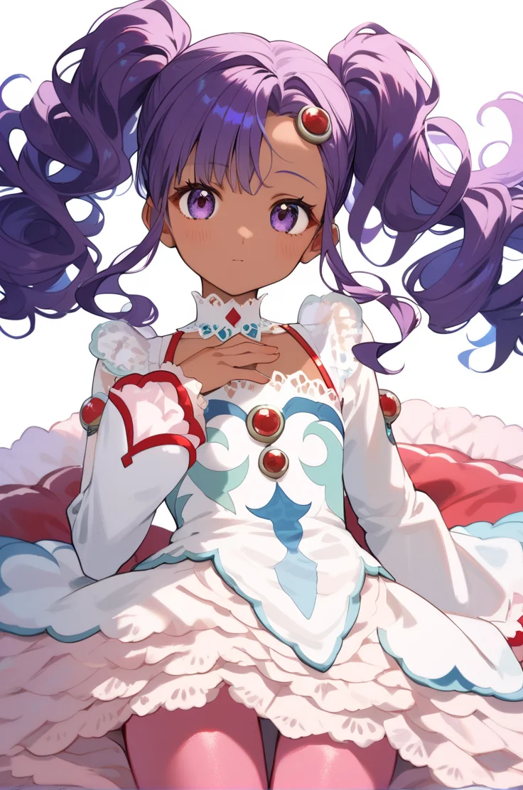 score_9, score_8_up, score_7_up, very aesthetic, source_anime, detailed,
simple background,
cowboy shot,
lying, on stomach, looking at viewer,
<lora:meredyC_autismConfetti_v05:1>meredyceles, purple hair, twintails, purple eyes, dark skin, wavy hair, sidelocks, long hair, hair jewel,
white dress, long sleeves, pink pantyhose, (wide sleeves:0.5), layered dress,, zPDXL