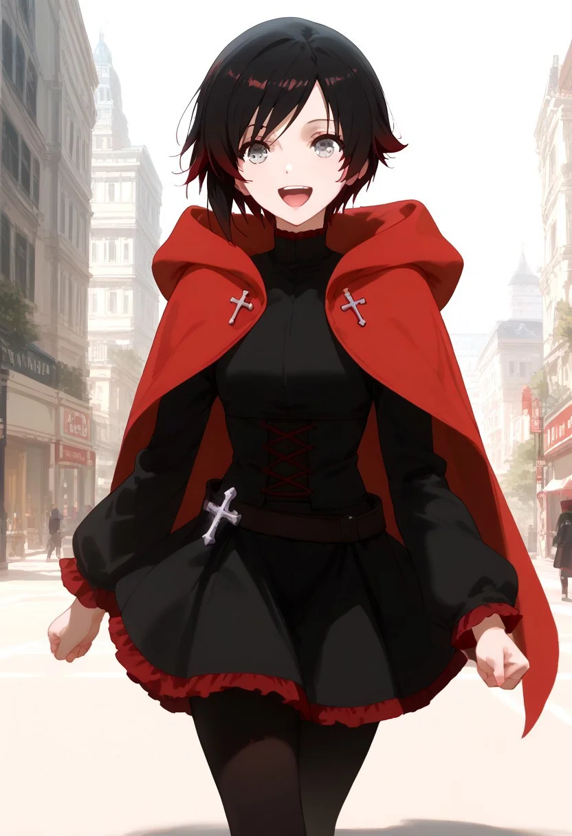 score_9, score_8_up, score_7_up, solo, ruby rose,short hair, black hair,multicolored hair,cloak, cross,hood, black skirt ,black pantyhose, happy, running, buildings, city, day, mouth closed