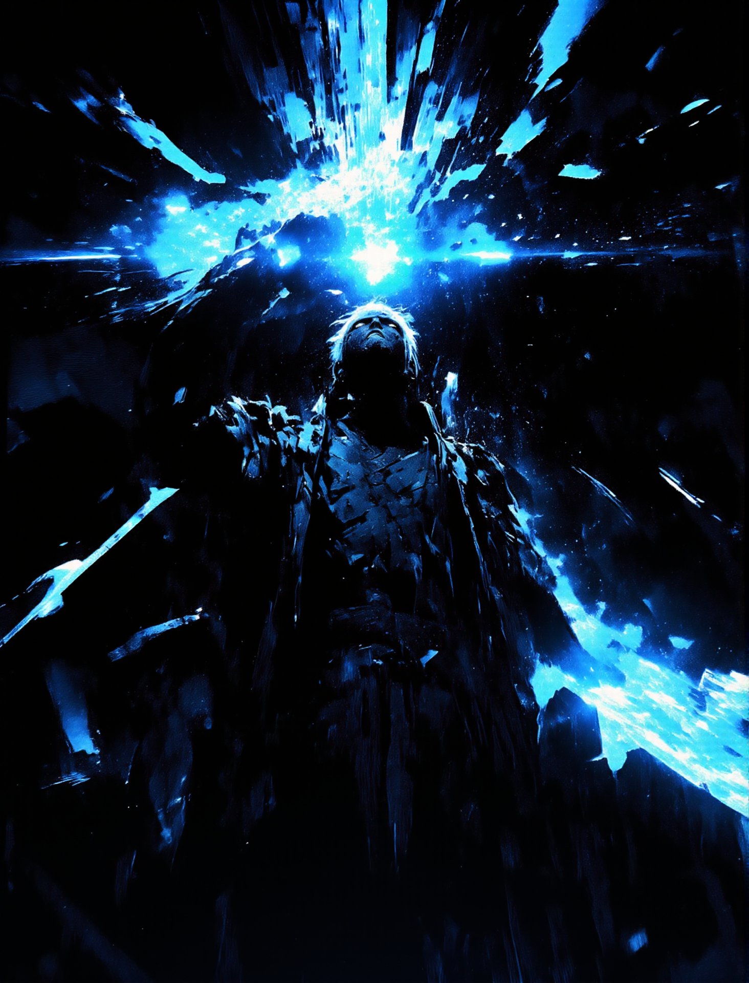A man with white hair laid back, holding a katana with both hands, a man dressed in a long black coat, he delivers a vertical blow from which blue rays disperse,masterpiece, a cinematic shot of a katana strike,a burst of blue energy in the form of linear rays,Minimalistic black background,an evil face illuminated from the bottom up,close-up of a slashing blow from top to bottom,glowing weapon, cinematic lighting, <lora:CPA:0.8> <lora:anime_martzv2:0.5> anime_martz, <lora:FluxMythP0rtr4itStyle:0.6> ,mythp0rt, <lora:lora:1> ,dmc5vergil, black coat, fingerless gloves, pants, <lora:MJanime_Flux_LoRa:1> Anime style