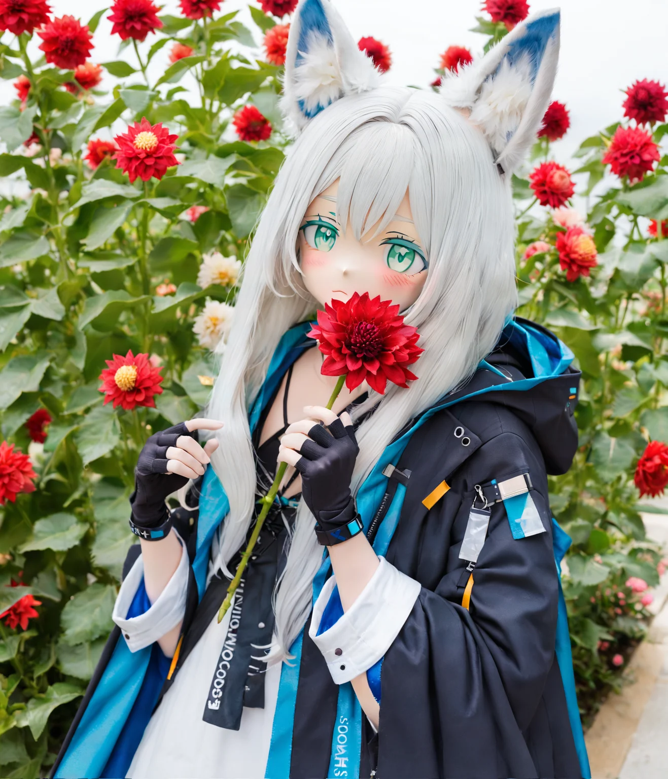 1girl,
rosmontis \(arknights\),
solo, green eyes, flat chest, animal ears, cat ears, white hair, jacket, outdoors, bud, dahlia, flower, red flower, simple background, traditional media, upper body, white background, film grain, closed mouth, holding flower, holding, hair between eyes, animal ear fluff, long sleeves, painting \(medium\), gloves, fingerless gloves, blush, watercolor \(medium\), long hair, black jacket, cat girl, looking at viewer, black gloves, hood, hooded jacket,
masterpiece, best quality, safe
<lora:kig_xl_v2b:0.8>