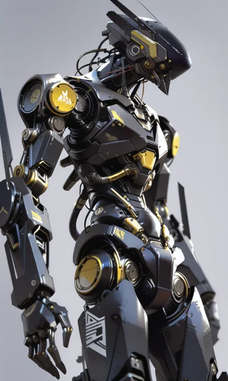 A futuristic robotic humanoid with a sleek black armored body stands against a minimalist grey background with a yellow logo. The robot's design is highly detailed with intricate mechanical elements and a dynamic pose, side_view <lora:- iLL - the_edgy_mech_V3.0:1>