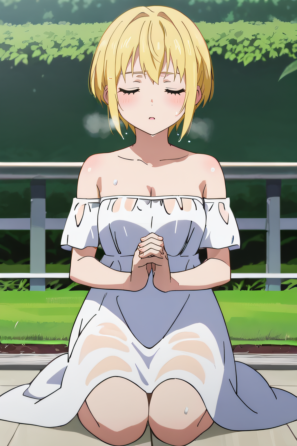 score_9, score_8_up, score_7_up, source_anime, rating_safe, intricate details, anime screencap, official style, 1girl, solo, <lora:Sister_Iris:1>, iris, blonde hair, closed eyes, short hair, white dress, strapless, off shoulders, cleavage, wet clothes, kneeling, barefeet, full body, praying, own hands together, outdoor, parted lips, breath, blush, five fingers, frown