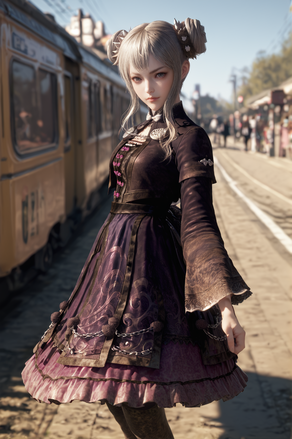 score_9, score_8_up, score_7_up, source_anime, <lora:Dong_Bai:0.8> 1girl, solo, hair bun, grey hair, grey eyes, dress, long sleeves, pantyhose, hair ornament, Pretending to play with a toy train, looking at viewer