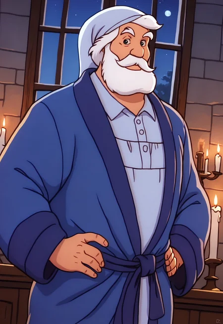 score_9, score_8_up, KingGregor, medium hair, white hair, black eyes, beard, mustache, mature male, muscular, fat, white nightcap, white nightgown, blue robe, blue straps, looking at viewer, smile, dynamic pose, detailed background, dutch angle, upper body, cowboy shot, fancy bedroom, night, window, moon, candles, hands on hips,