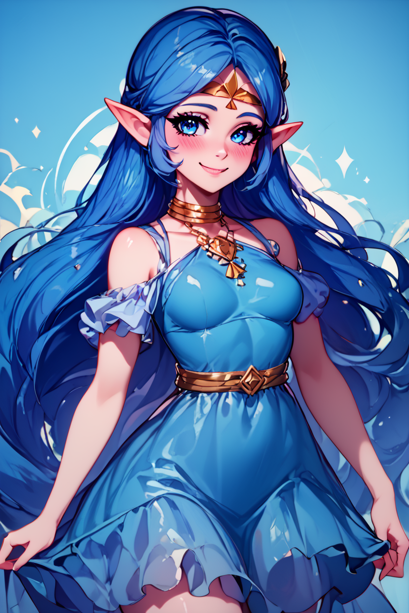 score_9, score_8_up, score_8, medium breasts, (curvy), cute, eyelashes,       BREAK, , <lora:NayruZelda_PDXL_epoch02:0.8>,  zzNayru, blue hair, dress, bare shoulders, jewelry, very long hair, blue dress, elf, circlet, BREAK, closed mouth, smile, looking at viewer, blush,  zzLFashion, frilled dress, sweetL, cowboy shot,  embedding:zPDXL, Expressiveh,  <lora:Vivid:0.7>,  <lora:LFashionPDXL:1>,  <lora:Uncensored_PonyXL_cpt_v02.09:0.4>,  <lora:Expressive_H-000001:0.4>,