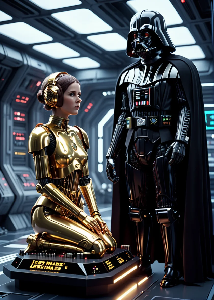 Star Wars remake, mboard artstyle, scene featuring Darth Vader and Princess Leia as a robot <lora:Motherboard artstyle - trigger is mboard artstyle:1>,