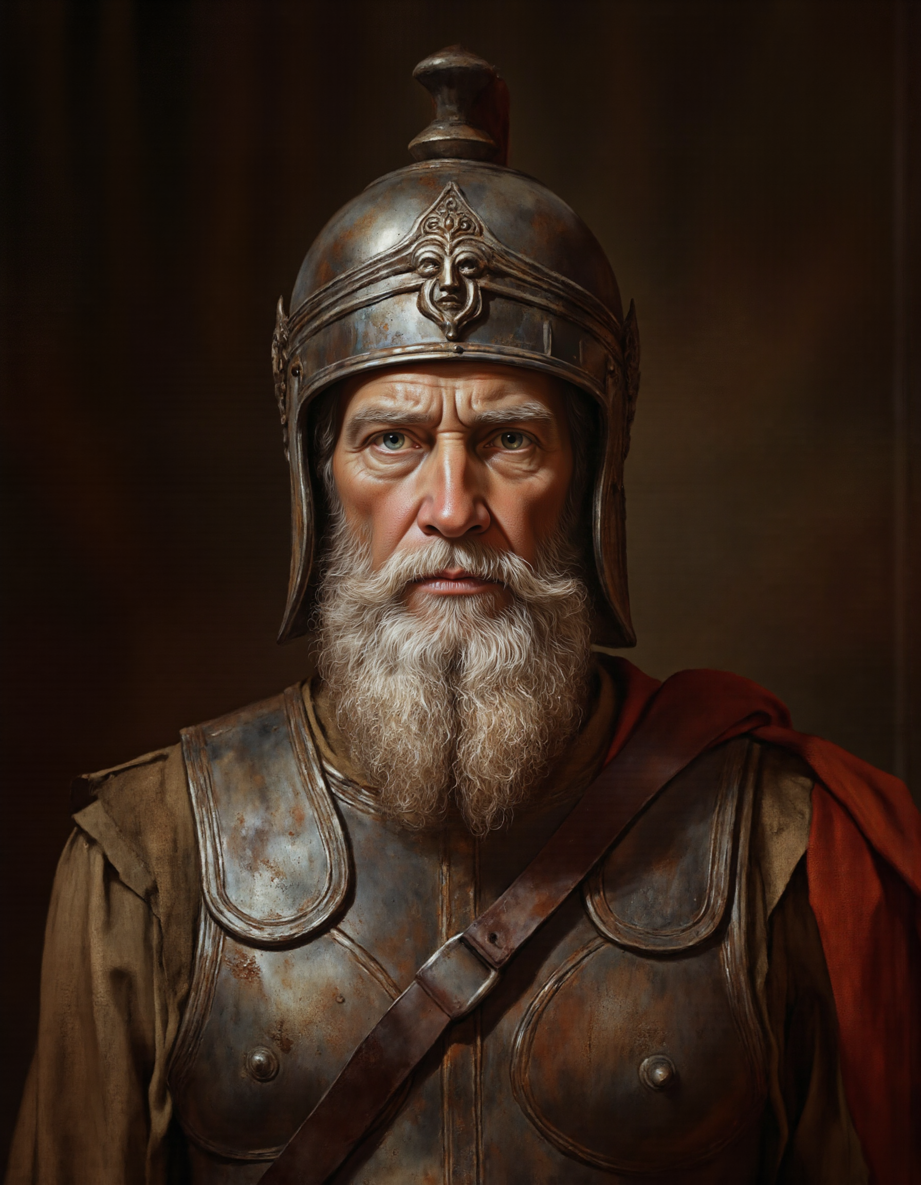 Rembrandt style <lora:DB:1>, This is a highly detailed digital painting of an elderly man with a rugged, weathered appearance. He is adorned in ancient Roman or Greek-style armor, featuring a metallic helmet with intricate, ornate designs and a stylized face on the front. The helmet's surface is polished to a reflective sheen, showcasing the craftsmanship and antiquity of the piece. The man's facial expression is stern and contemplative, with deep-set eyes and a thick, bushy white beard that cascades down to his chest. His skin is tanned and wrinkled, indicating years of exposure to the elements. He wears a brown leather tunic, which is visible around his shoulders, with a strap across his chest that secures the armor. The background is a blurred, gradient mix of dark browns and blacks, emphasizing the subject without distracting from his detailed features. The texture of the armor and the man's skin is rendered with meticulous attention to detail, highlighting the realism and historical accuracy of the artwork. The overall style is realistic with a slight emphasis on hyperrealism, capturing the essence of ancient warriors and their equipment in a contemporary digital medium. . Baroque, chiaroscuro, realistic, emotional, "flat lighting