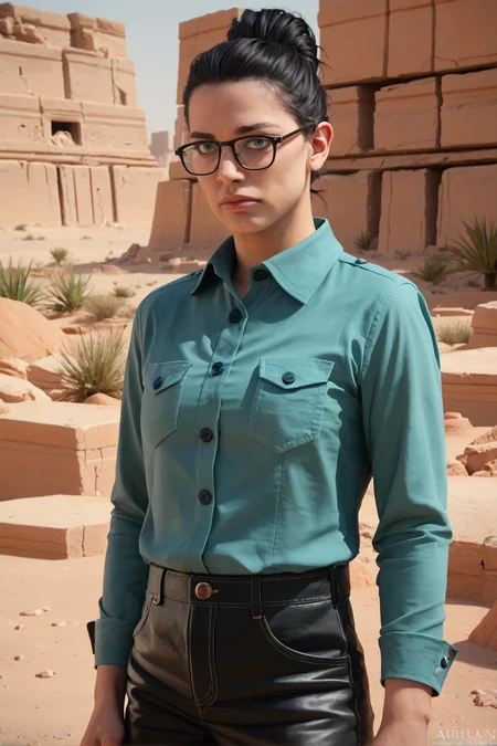 zPDXL, zPDXLpg, realistic portrait photograph of a columbian woman with black hair, updo, black rim glasses, teal button shirt, leather pants outdoors desert ruins, broken columns and arches