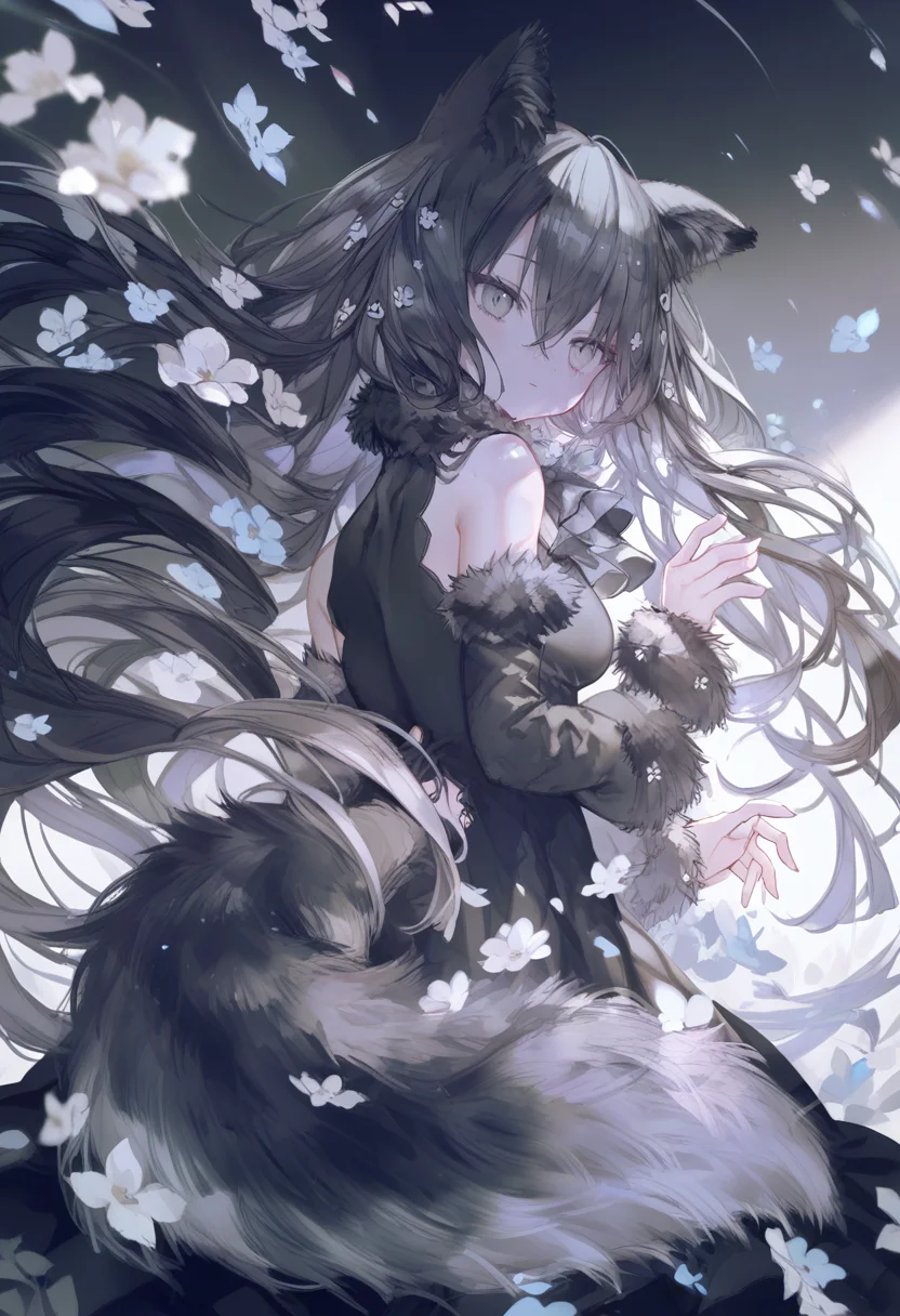 score_9, score_8_up, score_7_up, score_6_up <lora:oninekoXL_P6_lokr_V43P1:0.95> 1girl, animal ears, solo, long hair, flower, dress, detached sleeves, black dress, looking at viewer, tail, black hair, fur-trimmed sleeves, fur trim, grey eyes, bare shoulders, wolf ears, long sleeves, white flower, closed mouth, animal ear fluff, breasts, hair between eyes, hair ornament, very long hair, black sleeves, clothing cutout, wolf tail, hand up, looking back