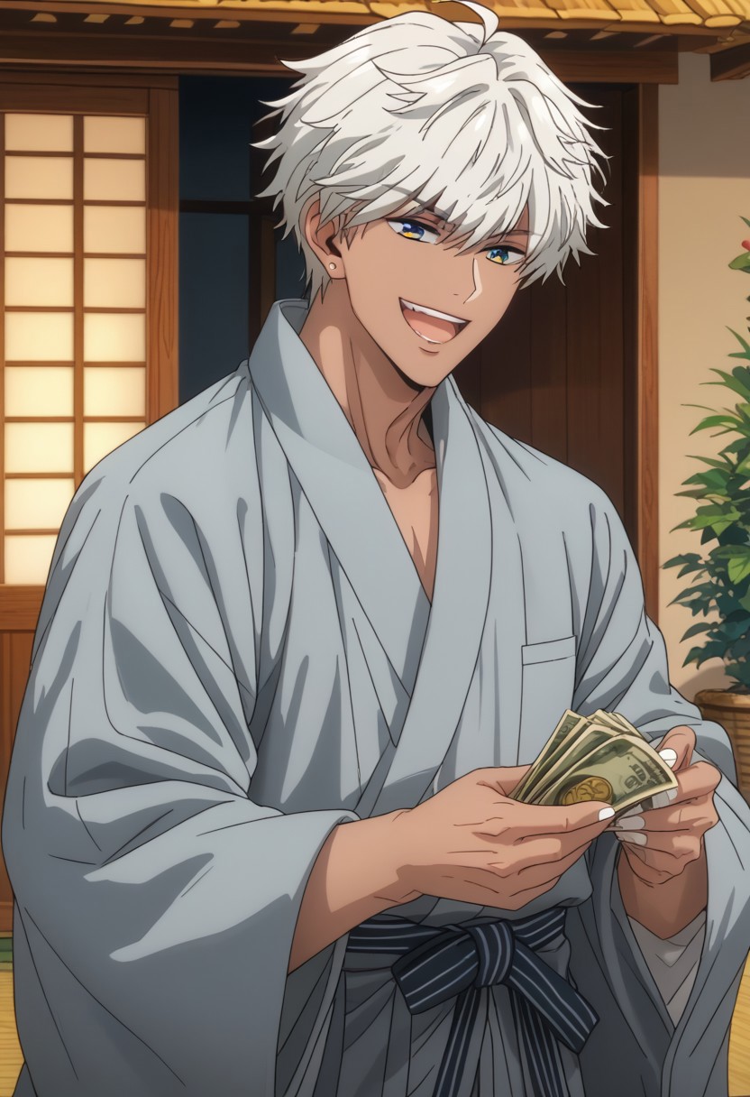 score_9, score_8_up, score_7_up, source_anime, rating_safe, cash, Mamobey, 1boy, male focus, anime screencap, grey yukata, wide smile, open mouth, holding money, white fingernails, simple coins background, greedy Japanese king,