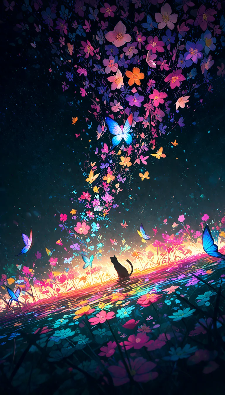 masterpiece, best quality, amazing quality, very aesthetic, absurdres, highres, newest, HDR, 8K, high detail, smooth shading, glossy surfaces, subtle, high contrast, dak depth, 
cat, sacred, mysterious, dreamlike, fantastic, moonlight, Grimoire, flowers, colorful flowers and colorful butterflies, flower effects, diagonal angle, from above, dutch angle, beautiful atmosphere, muted colors, cinematic composition, natural lighting, water color,