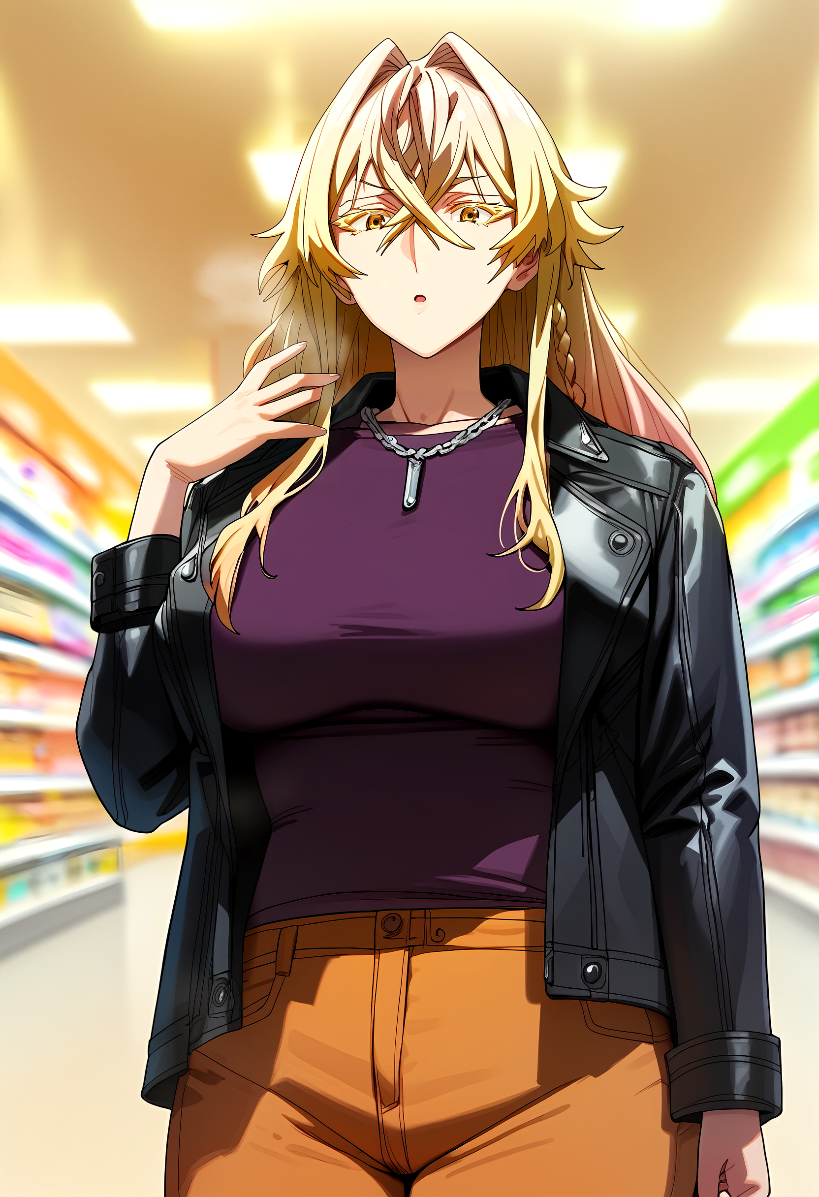 score_9, score_8_up, score_7_up, score_6_up, source_anime, rating_explicit, <lora:neg4all_bdsqlsz_V3.5:2.0>1girl, (solo:1.1), huge breasts, <lora:Ajest Jedgar F. Roguepalaceponyxl:1> long hair, blonde hair, hair between eyes, yellow eyes, hair intakes, braid, crossed bangs, colored eyelashes, necklace, black jacket, leather jacket, long sleeves, purple shirt, t-shirt, orange pants, colored eyelashes, surprised, Narrow shoulders, heavy breathing, steaming body, store, indoors, looking at viewer, standing, (close-up:1.1), hand up