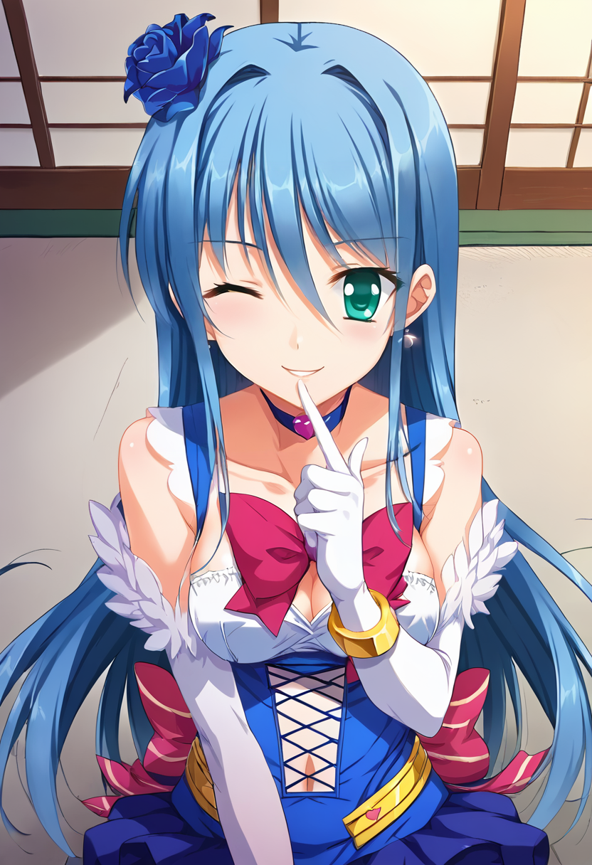 score_9, score_8_up, score_7_up, source_anime, masterpiece, 1girl, ct_ruri, blue hair, medium breasts, earrings, long hair, hair flower, choker, blue short dress, pink bowtie, cross-laced dress, elbow gloves, bracelet, cross-laced footwear, looking at viewer, indoors, japanese home, cowboy shot, hand on chin, smile, one eye closed, happy, <lora:ReiRurisawa_FairyKanon_Pony_ct_ver2-000007:1>