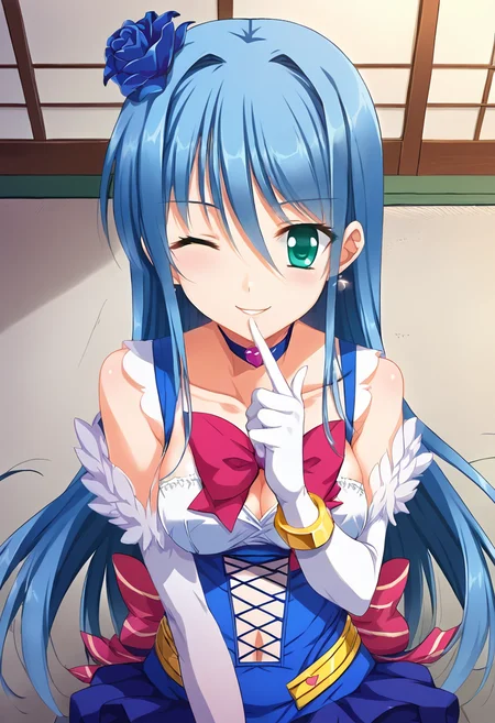 score_9, score_8_up, score_7_up, source_anime, masterpiece, 1girl, ct_ruri, blue hair, medium breasts, earrings, long hair, hair flower, choker, blue short dress, pink bowtie, cross-laced dress, elbow gloves, bracelet, cross-laced footwear, looking at viewer, indoors, japanese home, cowboy shot, hand on chin, smile, one eye closed, happy, <lora:ReiRurisawa_FairyKanon_Pony_ct_ver2-000007:1>