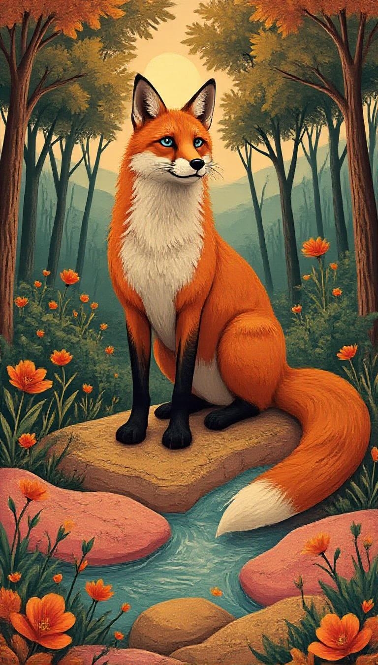 <lora:FolkCartoon.safetensors:1>
A digital masterpiece that fuses the opulence of Baroque design with the sleek elegance of modern materials and a vivid, eye-catching color palette. The subject, a red fox with rich orange fur and a pristine white belly, is depicted on a polished, reflective surface that resembles an intricate, metallic sculpture. The fox's fur is rendered with meticulous detail, each strand catching the light and reflecting the surrounding opulence.
The fox's large, lively blue eyes are the focal point, popping dramatically against its vibrant fur and the metallic surface. Its pointy ears stand tall, adding to the regal and ornate feel. The fox is perched on a moss-covered rock, which is adorned with intricate, asymmetrical designs and floral motifs, reminiscent of Rococo artistry. The rock's surface is a blend of deep pink, teal, and amber, with subtle gradients and translucent textures that give it depth and a luxurious sheen.
Sunlight filters through the dense trees, casting dramatic, intricate patterns on the ground and the fox. The light enhances the metallic, glossy finish of the fox and the rock, creating a stunning play of reflections and glints. Orange leaves float lazily through the air, adding to the magical and otherworldly atmosphere.
The background is a dense, enchanted forest, with trees that are rich in vibrant greens and browns. A crystal-clear stream winds through the forest, adding a touch of modern minimalism with its clean lines. Hints of elegant greenery balance the extravagance, creating a setting that is both timelessly ornate and strikingly modern. The forest is thick and packed with life, giving off a peaceful and magical vibe, a perfect blend of real nature and fantastical elegance.