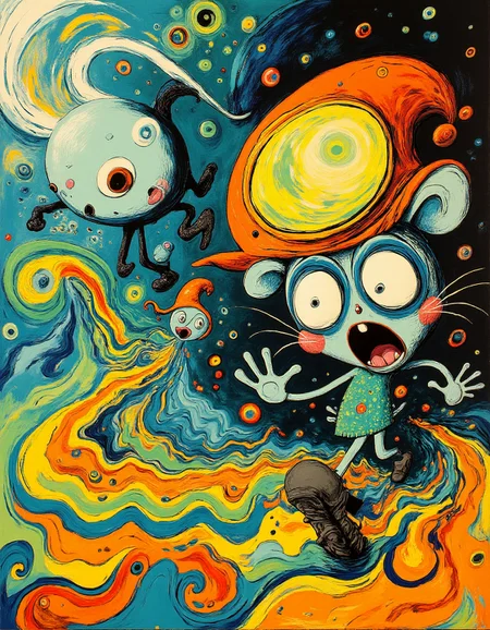 Expressionism Cartoons, a kybernetic panda in an intricate mad world doing grimaces while running away from a skating octopus with an orange sleepy-hat