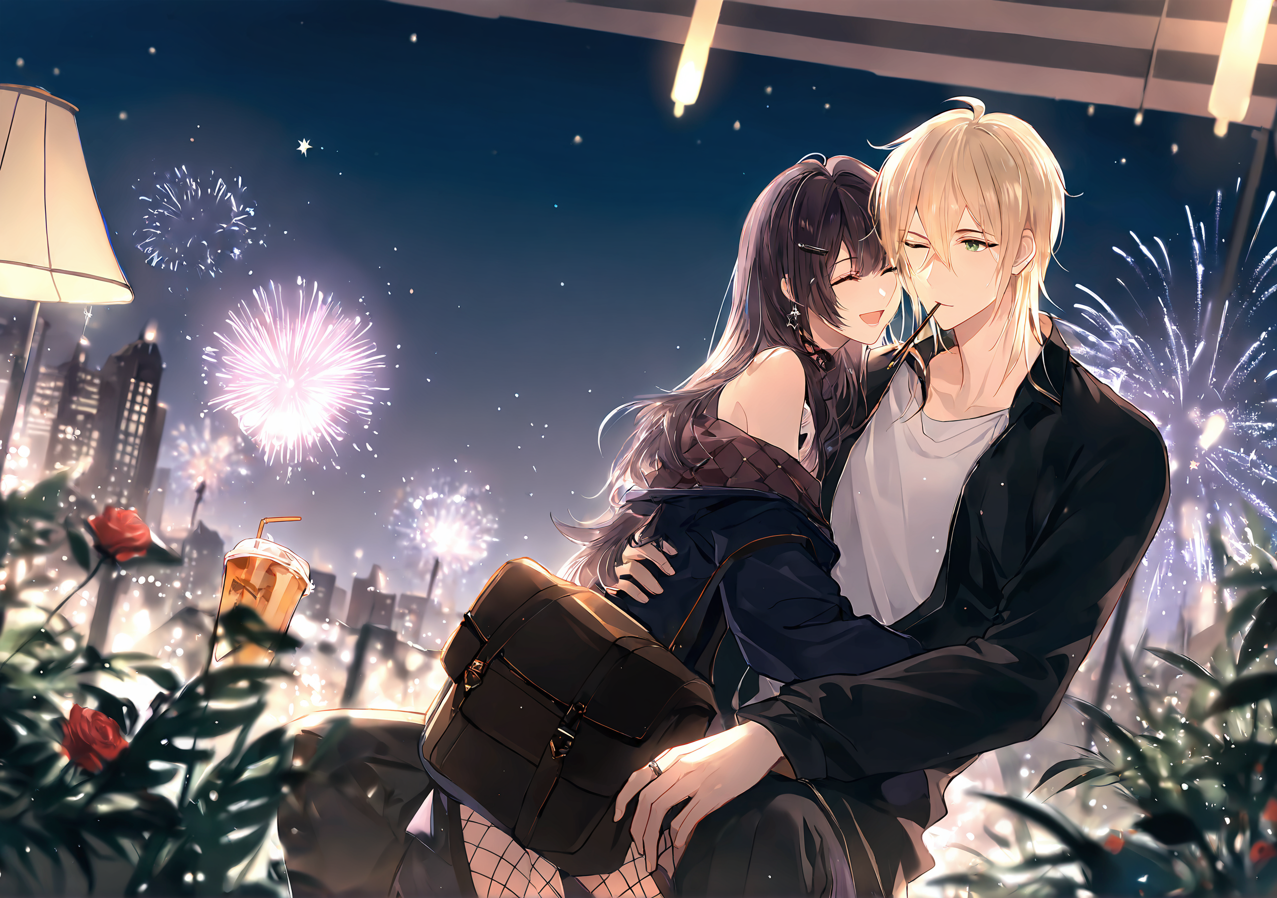 masterpiece,best quality,<lora:fat-noob05:1>,
lovebrush chronicles,heroine (lovebrush chronicles),alkaid_mcgrath,1girl,1boy,blonde hair,long hair,green eyes,jewelry,black hair,cup,fishnets,fireworks,night,flower,earrings,food,one eye closed,pantyhose,hetero,rose,jacket,long sleeves,hug,closed eyes,ring,hair ornament,plant,bangs,sitting,hairclip,city,short hair,holding,shirt,couple,black jacket,hair between eyes,open mouth,bare shoulders,bag,night sky,pocky,dutch angle,lamp,building,off shoulder,smile,mouth hold,star (symbol),lamppost,white shirt,