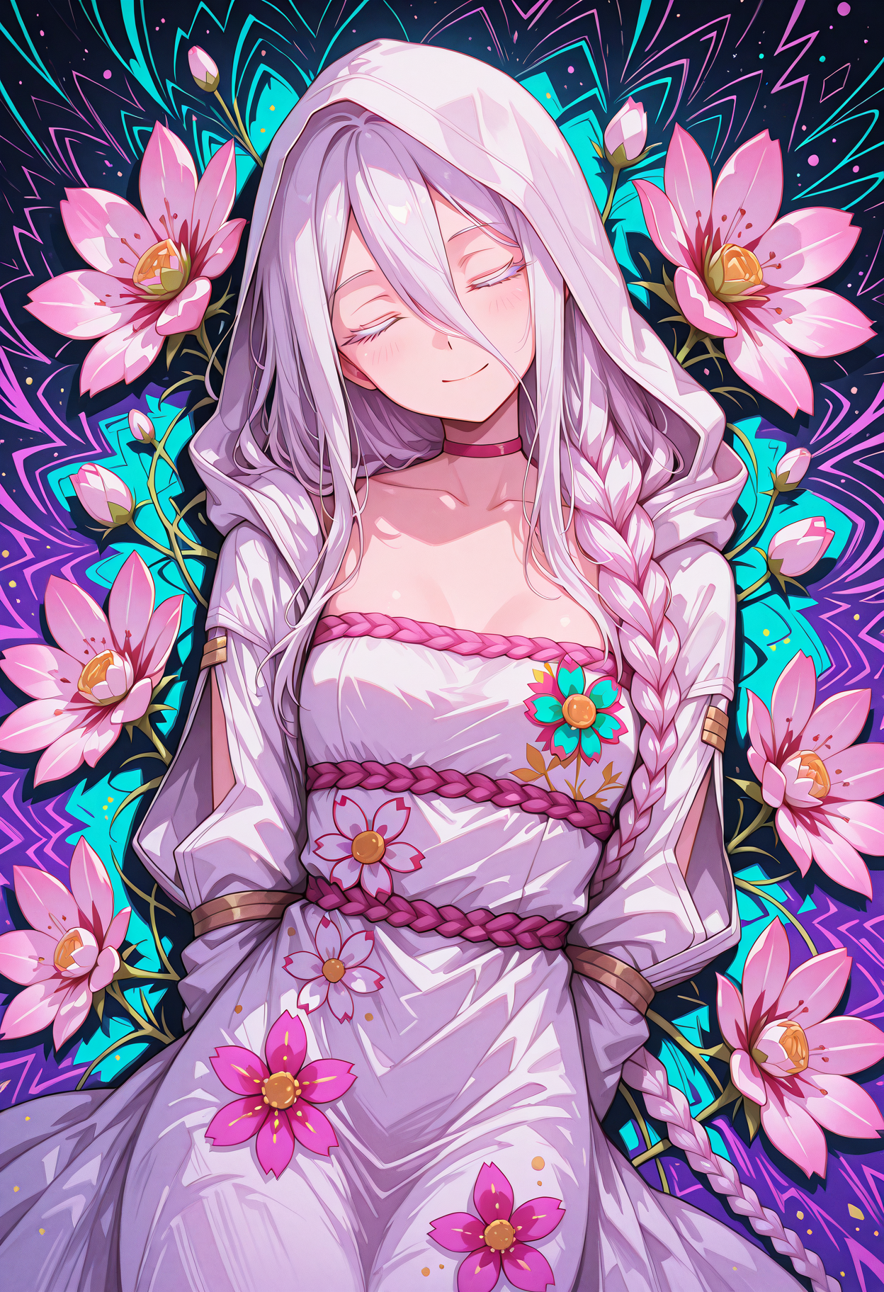 (glow:1.0), masterpiece, best quality, (very aesthetic:1.0), 1girl, solo, (Shiraori:1.0), slim, (petite), (perfect detailed closed eyes), perfect nose, (perfect detailed white eyelashes), perfect small breasts, simple white hood, white dress, (closed mouth, relaxed, wide smile:1.1), head tilt, blush, lying, hands behind back, flowers in hair, cherry blossom, breathtaking, perfect anatomy, cover, (close-up face, dutch angle, close-view, from above:1.0), no shadows, statueglow, jedsplu,jedsplu style ,colorful, (abstract colorful flower patterned background:1.3), (nose:-1),  <lora:IL\Z1Char\o\Shiraori>, <lora:IL\best\reij-detaILer>, <lora:IL\Z2Styles\Statue_Glow:0.3>, <lora:IL\best\Psylustrious-000002:0.5>, <lora:IL\Z2Styles\96YOTTEA_IL:0.7>