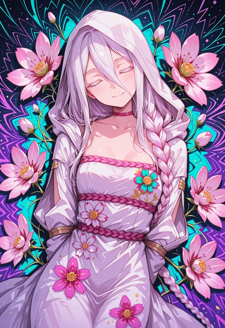(glow:1.0), masterpiece, best quality, (very aesthetic:1.0), 1girl, solo, (Shiraori:1.0), slim, (petite), (perfect detailed closed eyes), perfect nose, (perfect detailed white eyelashes), perfect small breasts, simple white hood, white dress, (closed mouth, relaxed, wide smile:1.1), head tilt, blush, lying, hands behind back, flowers in hair, cherry blossom, breathtaking, perfect anatomy, cover, (close-up face, dutch angle, close-view, from above:1.0), no shadows, statueglow, jedsplu,jedsplu style ,colorful, (abstract colorful flower patterned background:1.3), (nose:-1), <lora:IL\Z1Char\o\Shiraori>, <lora:IL\best\reij-detaILer>, <lora:IL\Z2Styles\Statue_Glow:0.3>, <lora:IL\best\Psylustrious-000002:0.5>, <lora:IL\Z2Styles\96YOTTEA_IL:0.7>