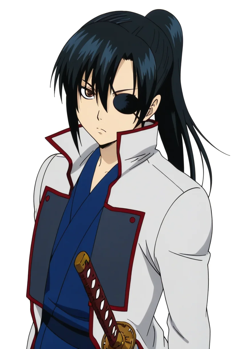 masterpiece, best quality, absurdres, detailed skin, detailed eyes, detailed face, anime colored, anime screencap, anime colored,
<lora:yagyu_kyuubei:1>, 1 girl, kyubei, japanese clothes, katana,
looking at viewer, serious, katana, cowboy shot,
(((white background))),