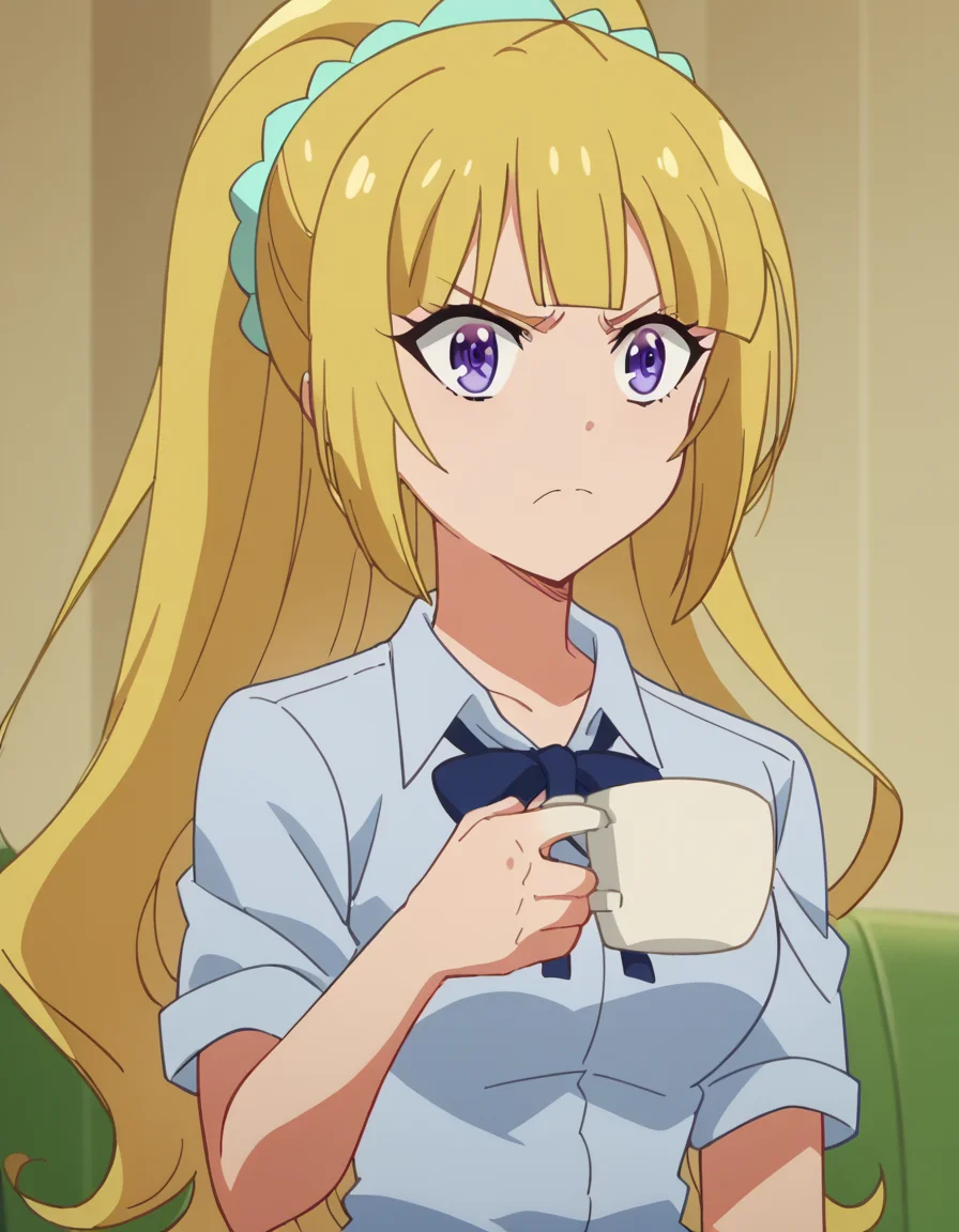score_9, score_8_up, score_7_up, source_anime, <lora:kei-karuizawa-anime-s2-ponyxl-lora-nochekaiser:1>, kei karuizawa, long hair, bangs, blunt bangs, purple eyes, blonde hair, hair ornament, ponytail, scrunchie, blue scrunchie, medium breasts, anime screencap, <lora:shinji-holding-a-mug-ponyxl-lora-nochekaiser:1>, shinji holding a mug, holding, cup, frown, holding cup, mug, indoors, solo, ,