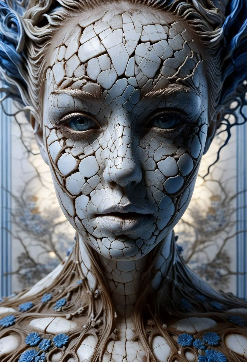 Close-up porcelain face, mysterious silhouette of a porcelain woman in worn down porcelain clothing, white and blue porcelain, alluring goddess, by Minjae Lee, Carne Griffiths, Emily Kell, Steve McCurry, Geoffroy Thoorens, Aaron Horkey, Jordan Grimmer, Greg Rutkowski, amazing depth, double exposure, surreal, geometric patterns, intricately detailed, bokeh, perfect balanced, deep fine borders, artistic photorealism , smooth, great masterwork by Suiras <lora:add-detail-xl:2> <lora:Double_Exposure:0.5>