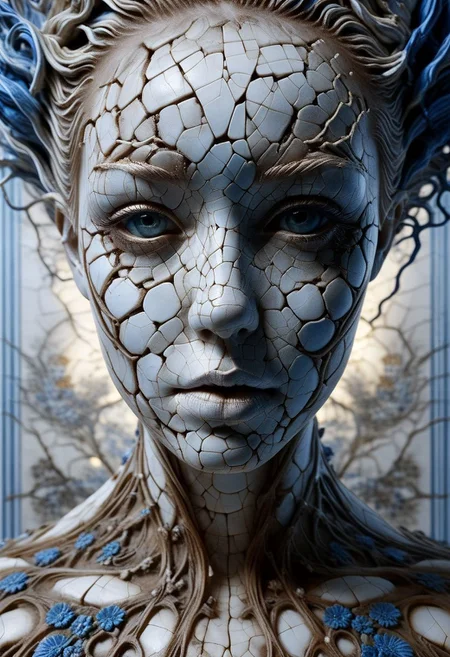 Close-up porcelain face, mysterious silhouette of a porcelain woman in worn down porcelain clothing, white and blue porcelain, alluring goddess, by Minjae Lee, Carne Griffiths, Emily Kell, Steve McCurry, Geoffroy Thoorens, Aaron Horkey, Jordan Grimmer, Greg Rutkowski, amazing depth, double exposure, surreal, geometric patterns, intricately detailed, bokeh,  perfect balanced, deep fine borders, artistic photorealism , smooth,  great masterwork by Suiras  <lora:add-detail-xl:2>  <lora:Double_Exposure:0.5>