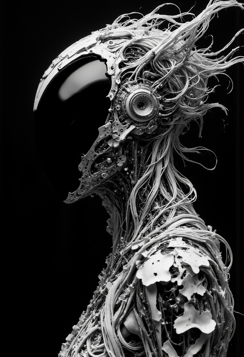 A hyperdetailed hyperrealistic moody photorealistic Portrait of a Woman, an analog Photography with deep depth that feels Like A surreal and hyperdetailed Monochrome Line artwork made of lines, created entirely from unbroken bold, flowing thick lines, forming an optical illusion. The image depicts a close-up portrait of a faceless ethereal being, with a busty figure and long, flowing hair seamlessly integrated into the linework. The head is a smooth, black shiny polished orb in place of a face, surrounded by black and white hues. The lines weave together to create intricate patterns and cinematic depth, drawing the viewer's eye through the composition with hypnotic precision, resembling a cyclops-like presence.