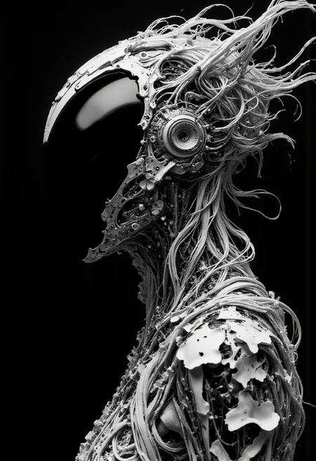 A hyperdetailed hyperrealistic moody photorealistic Portrait of a Woman, an analog Photography with deep depth that feels Like A surreal and hyperdetailed Monochrome Line artwork made of lines, created entirely from unbroken bold, flowing thick lines, forming an optical illusion. The image depicts a close-up portrait of a faceless ethereal being, with a busty figure and long, flowing hair seamlessly integrated into the linework. The head is a smooth, black shiny polished orb in place of a face, surrounded by black and white hues. The lines weave together to create intricate patterns and cinematic depth, drawing the viewer's eye through the composition with hypnotic precision, resembling a cyclops-like presence.