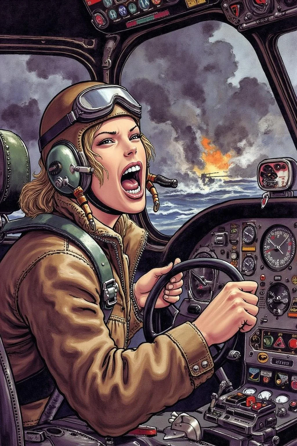 itacomic1 illustration. A female pilot screaming inside the cockpit of a WWII bomber. The pilot, wearing a vintage leather flight helmet with goggles and a brown bomber jacket, grips the controls with white-knuckled hands. Her face is contorted in a mix of fear and determination as she yells, her eyes wide with adrenaline. The cockpit is cramped and filled with old-fashioned dials and gauges, with the outside view showing dark stormy clouds and distant anti-aircraft fire. The scene is lit by the eerie glow of the instrument panel, casting harsh shadows across her face, emphasizing the intensity and danger of the moment. High contrast, dynamic composition, gritty and realistic, with a cinematic feel. <lora:itacomic_mima3_fl_d4a2:1.0><lora:800885494021025267:0>