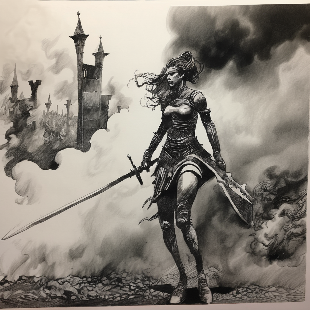 drawix20 girl warrior on the battlefield in the background of smoke and knights, very detailed, black ink <lora:drawix20:1>