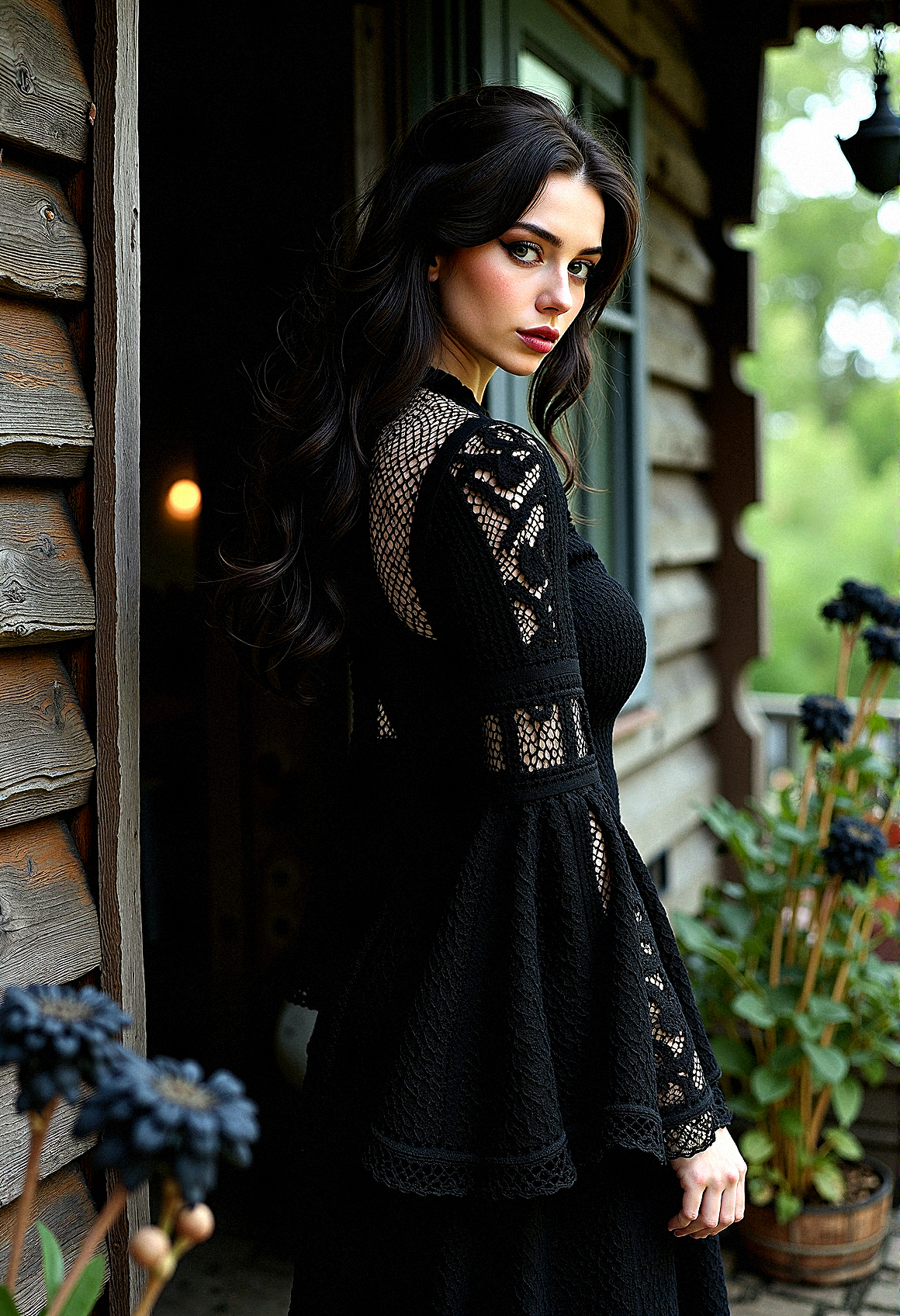 Extremely photorealistic photography of A Gothic woman with dark tones and intricate details, dressed in a bohemian crochet dress with voluminous bell sleeves. The rustic wooden house setting is illuminated by dramatic, high-contrast lighting, creating a moody, mysterious atmosphere. Black flowers and wilted blooms add to the textured, haunting beauty of the scene.

The woman turns her head quickly to one side, as if something caught her attention.







