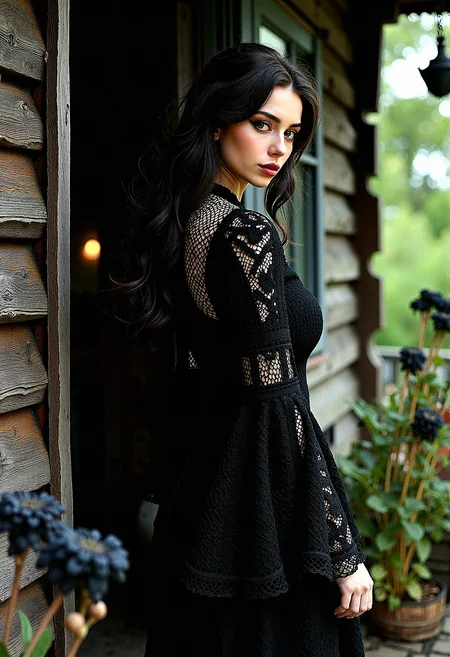 Extremely photorealistic photography of A Gothic woman with dark tones and intricate details, dressed in a bohemian crochet dress with voluminous bell sleeves. The rustic wooden house setting is illuminated by dramatic, high-contrast lighting, creating a moody, mysterious atmosphere. Black flowers and wilted blooms add to the textured, haunting beauty of the scene.
The woman turns her head quickly to one side, as if something caught her attention.