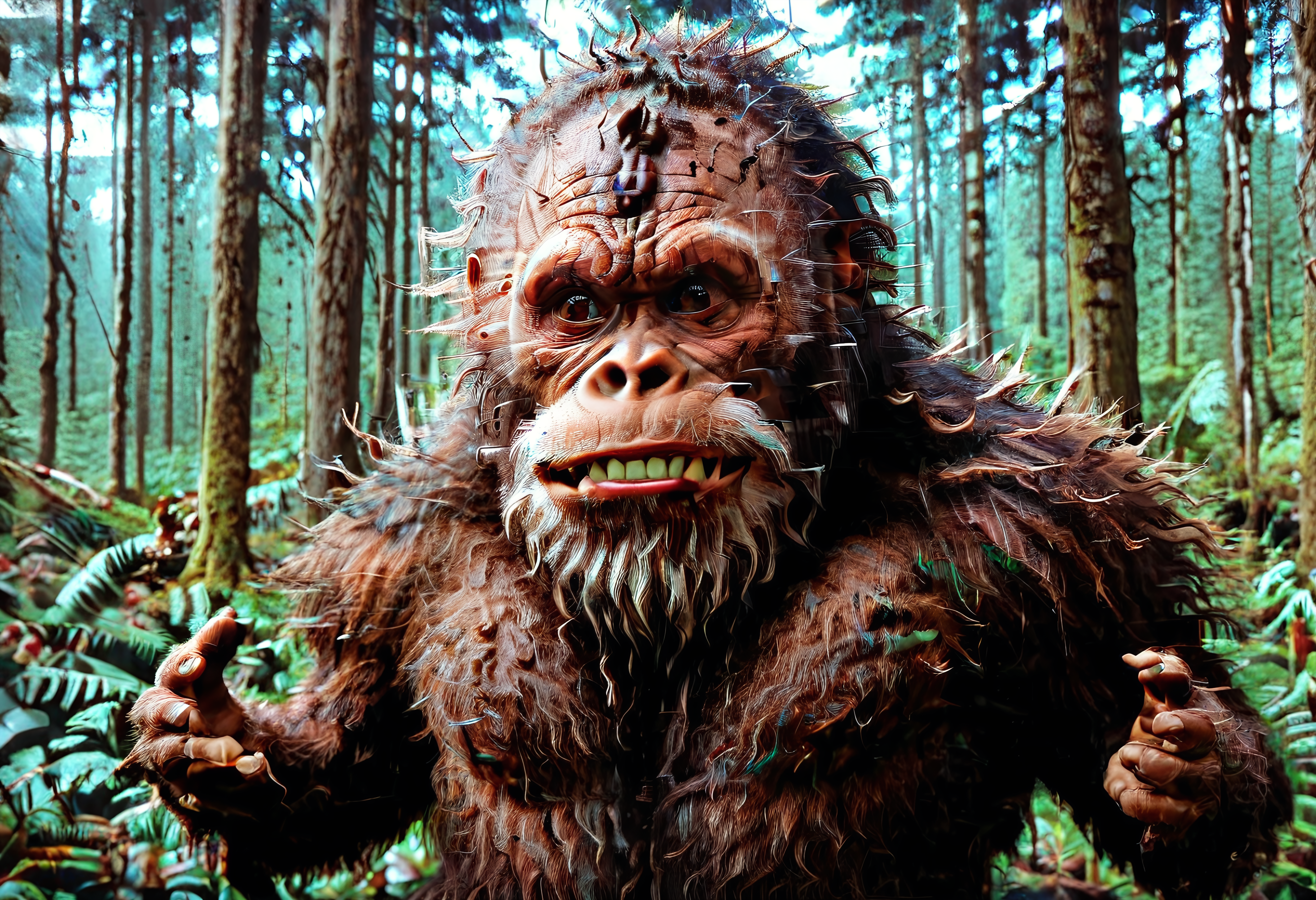 close up shot, face portrait, highly detailed, dynamic composition, mysterious Bigfoot in the pacific northwest, peeking out with a big smile, funny face, tongue sticking out, hands raised by his ears, palms out.  <lora:Glitch Style:1> glitch, flickering, digital, glitch style <lora:detailed_notrigger:1> <lora:Sasquatch_Big_foot:1> sasquatch, bigfoot, humanoid creature, wild reddish-brown fur, sharp white beard <lora:zavy-cntrst-sdxl:.8> dark, chiaroscuro
