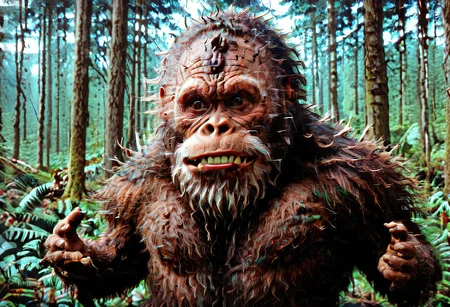 close up shot, face portrait, highly detailed, dynamic composition, mysterious Bigfoot in the pacific northwest, peeking out with a big smile, funny face, tongue sticking out, hands raised by his ears, palms out. <lora:Glitch Style:1> glitch, flickering, digital, glitch style <lora:detailed_notrigger:1> <lora:Sasquatch_Big_foot:1> sasquatch, bigfoot, humanoid creature, wild reddish-brown fur, sharp white beard <lora:zavy-cntrst-sdxl:.8> dark, chiaroscuro