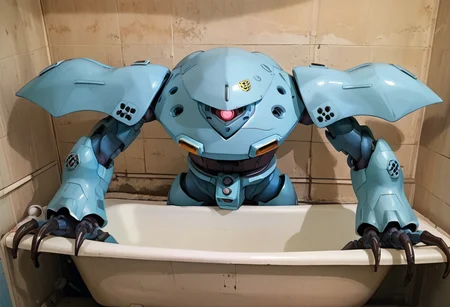 score_9, score_8_up, score_7_up, source_anime, front view, BREAK, ( hygogg, blue_hygogg_armor, pink monoeye, looking at viewer, leaning forward, long arms, hands on edge of tub, long claws) 1mech, wide mech, large shoulders, large shoulder armor, mech focus, solo, BREAK, bathroom, hygogg in bathtub