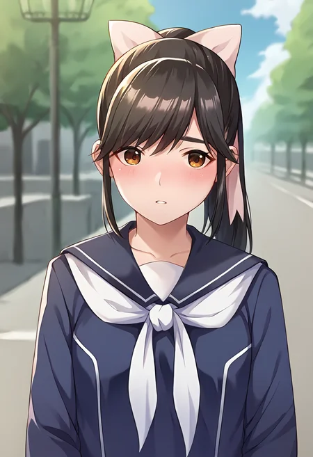 score_9, score_8_up, score_7_up, masterpiece, source_anime 1girl, ct_m4na, long hair, ponytail, hair bow, blue serafuku, blue sailor collar, white neckerchief, long sleeves, blue skirt, outdoors, depth of field, city, cowboy shot, shiny skin, upper body,  <lora:Manaka Takane_Pony_ct_ver2:1>