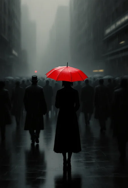 A digital painting with elements of photo manipulation, inspired by the styles of Zdzisław Beksiński and Edward Hopper. A lone woman, silhouetted against a vibrant red umbrella, stands under it amidst a blurred crowd of anonymous figures in a somber, rainy street scene. The woman's isolation and mystery are conveyed through the motion blur effect on the background figures, the rain-slicked street texture, the dark and moody lighting, and the high contrast. The monochromatic palette with a striking red umbrella as the focal point.